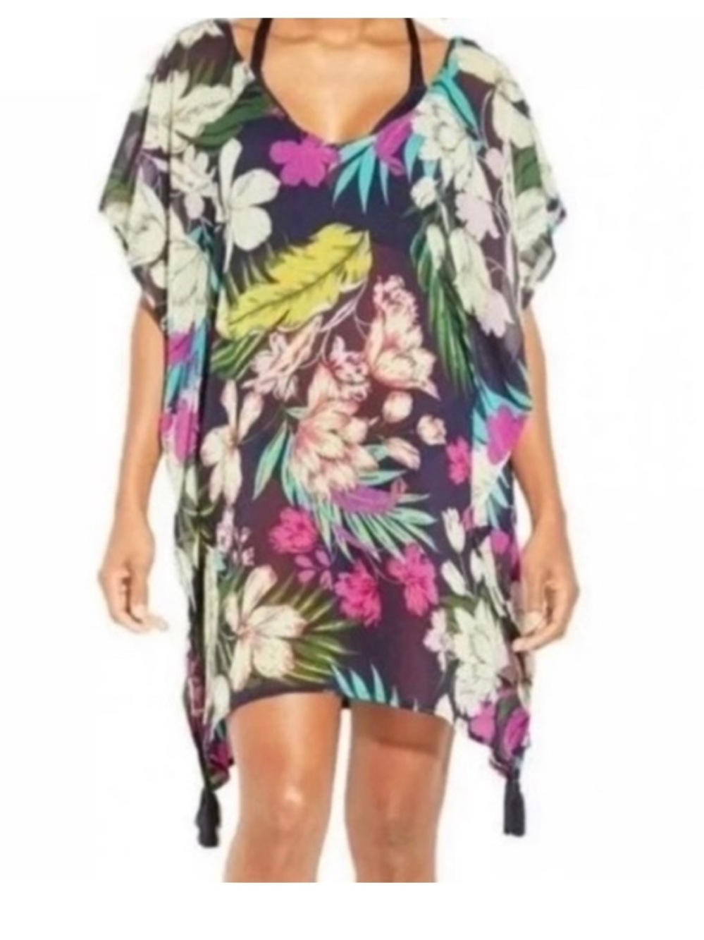 Kona Sol | Tropical Floral Swim Coverup Tassels Strappy Lattice Back Navy Medium